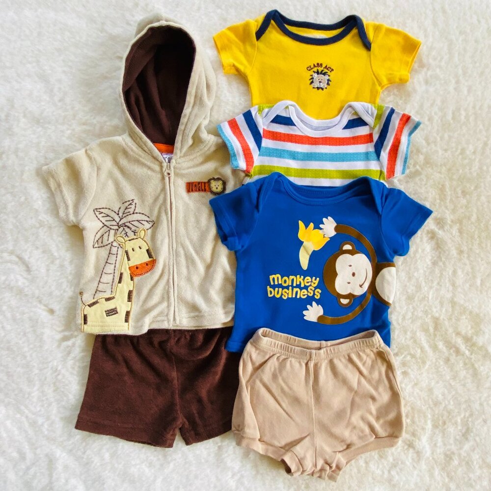 Boy Clothing Summer Bundle Safari Bodysuits Shorts Swim Coverup 3-6M 6-pieces